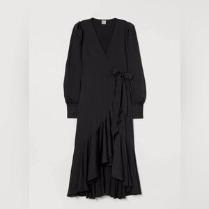 H&M black satin wrap midi dress in XS